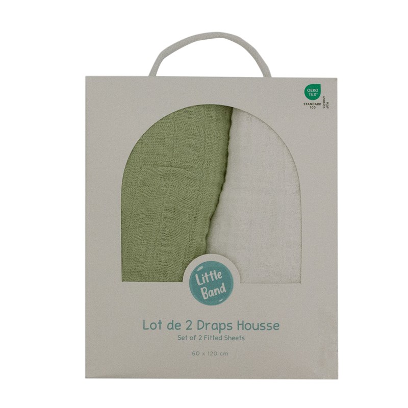 Little Band - Drap housse 60x120 cm - lot de 2 - blanc &nbsp; tilleul en gaze de coton