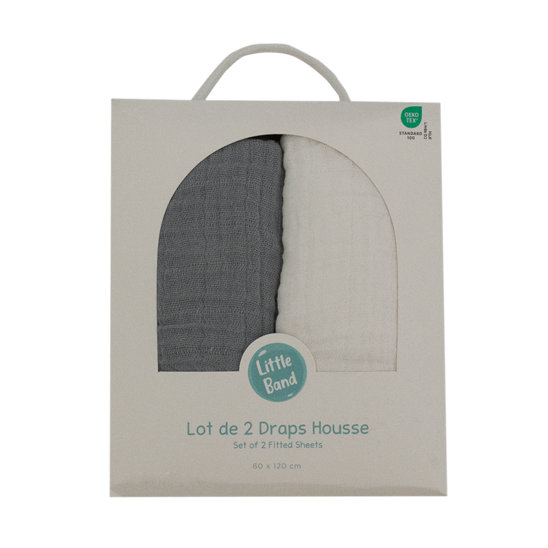 Little Band - Drap-housse 60x120 cm - lot de 2 - blanc &nbsp; gris en gaze de coton