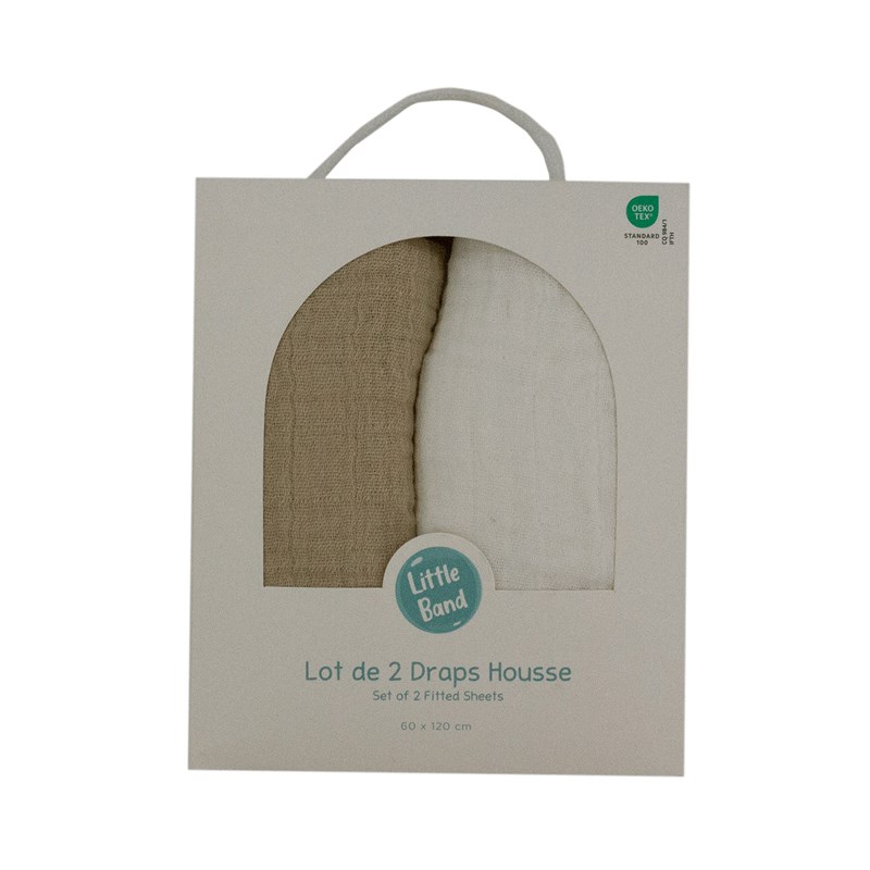 Drap housse 70x140 cm - lot de 2 - blanc &nbsp; moka en gaze de coton