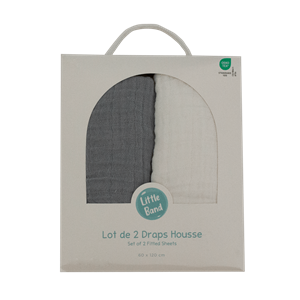 Drap-housse 70x140 cm - lot de 2 - blanc &nbsp; gris en gaze de coton