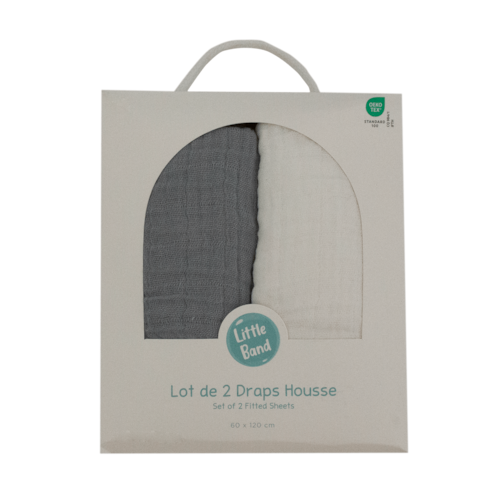 Little Band - Drap-housse 70x140 cm - lot de 2 - blanc &nbsp; gris en gaze de coton
