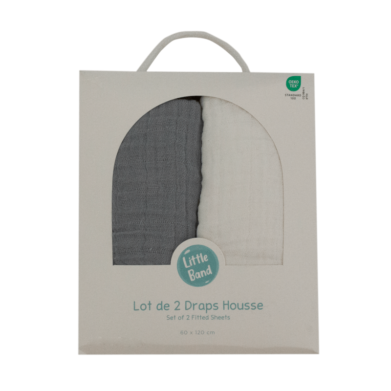 Drap-housse 70x140 cm - lot de 2 - blanc &nbsp; gris en gaze de coton (Little Band) - Couverture