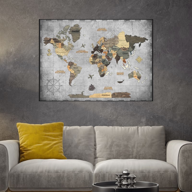 Tableau carte du monde 3d graphite m