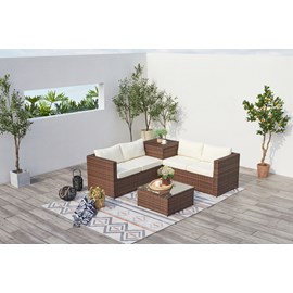 Silang salon de jardin en résine tressée 4 places avec coffre marron et blanc
