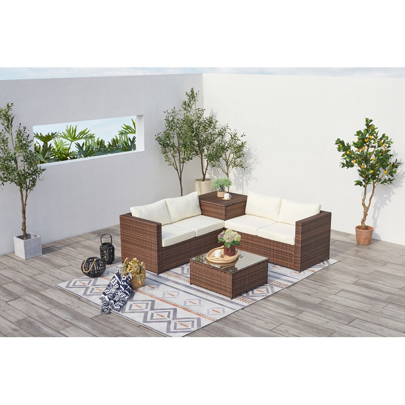 Silang salon de jardin en résine tressée 4 places avec coffre intégré marron et