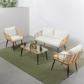 Sitia salon de jardin 4 places canapé et chaises effet rotin avec coussins