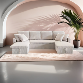 Mahé canapé panoramique convertible 4 places en velours côtelé avec coffre - bei