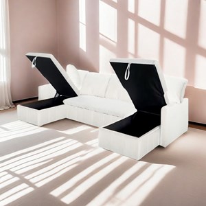 Mahé canapé panoramique convertible 4 places en velours côtelé avec coffre - bei