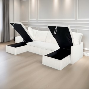 Mahé canapé panoramique convertible 4 places en velours côtelé avec coffre - bei