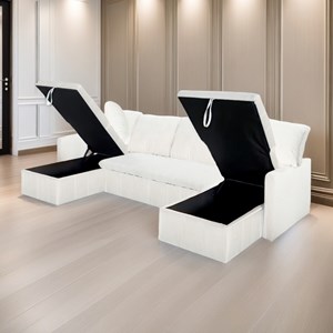 Mahé canapé panoramique convertible 4 places en velours côtelé avec coffre - bei