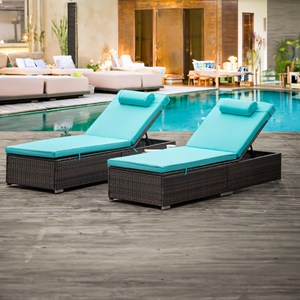 Punta cana lot de 2 transats coussins bleus en résine tressée avec tablette laté