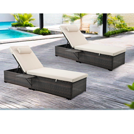 Punta cana lot de 2 transats coussins beiges en résine tressée avec tablette lat