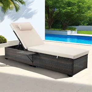 Punta cana lot de 2 transats coussins beiges en résine tressée avec tablette lat