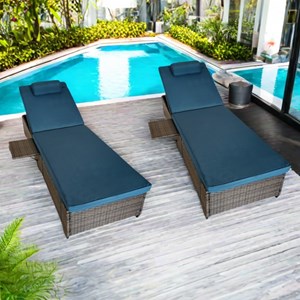 Punta cana lot de 2 transats coussins bleus foncé en résine tressée avec tablett