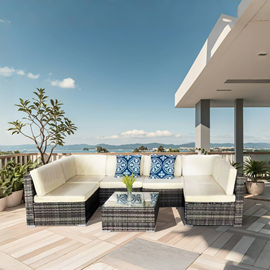 Aldabra salon de jardin modulable 6 places en résine tressée - gris sombre et be