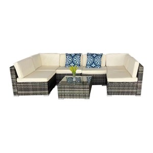 Aldabra salon de jardin modulable 6 places en résine tressée - gris sombre et be