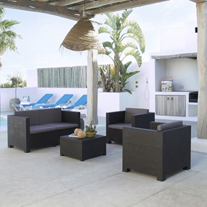 Solis salon de jardin 4 places en résine avec table et coffre de rangement gris