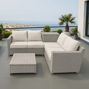 Abacos salon de jardin 4 places en résine tressée avec coffre gris et beige