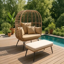 Jane ensemble fauteuil sur pied effet rotin et repose-pieds avec coussin beige