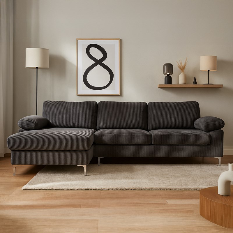 Galway canapé d'angle 4-5 places méridienne gauche velours côtelé gris anthracit