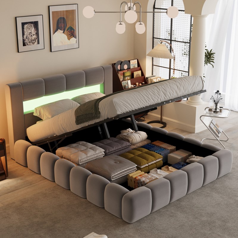 Omaha lit nuage led avec coffre 180x200cm en velours gris avec tête de lit et so