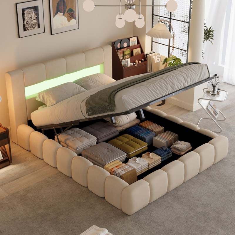 Omaha lit nuage led avec coffre 180x200cm en velours beige avec tête de lit et s