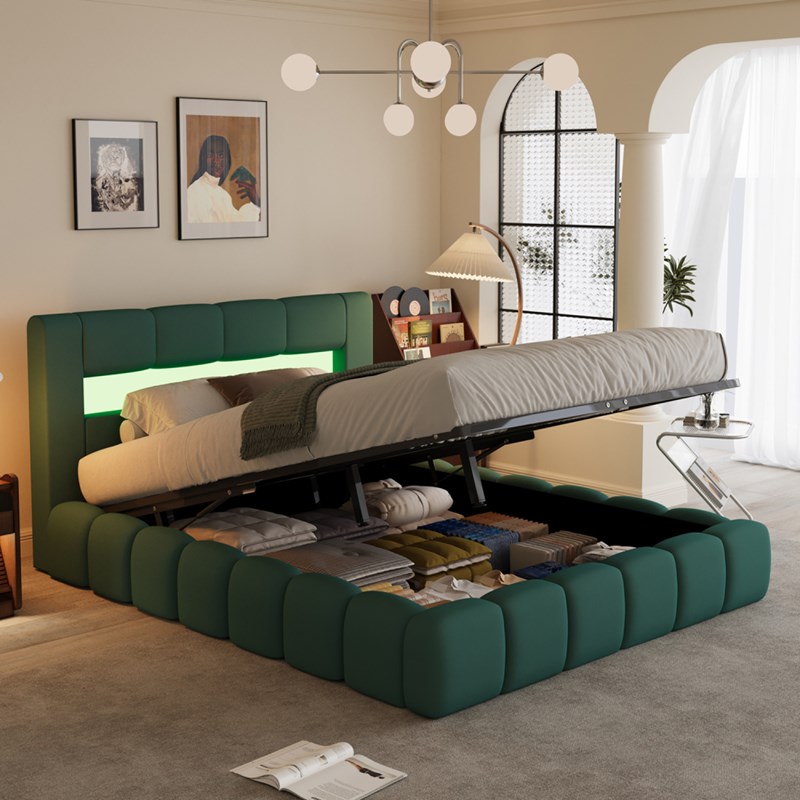 Omaha lit coffre led style nuage 180x200cm en velours vert avec tête de lit et s