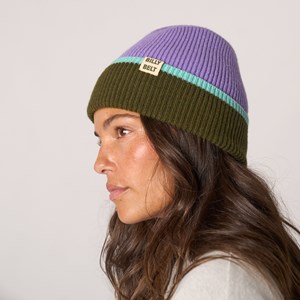 Bonnet en laine lilas et kaki