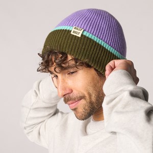 Bonnet en laine lilas et kaki