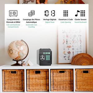 Tirelire électronique code 6 chiffres, pièces, horloge