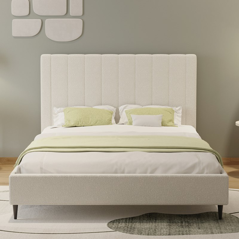 Cambridge lit bouclette 160x200cm beige avec tête de lit et sommier