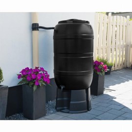 Set récupérateur d’eau 210l noir avec pied et connecteur de gouttière