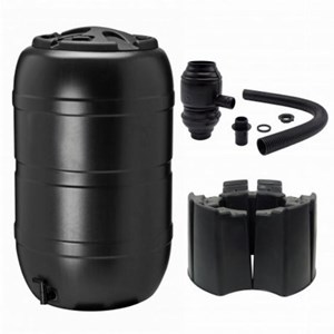 Set récupérateur d’eau 210l noir avec pied et connecteur de gouttière