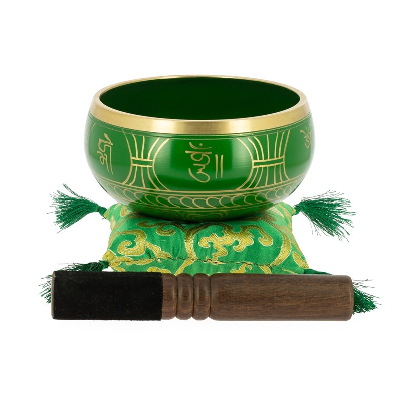 Bol tibétain avec symboles vert 13,5 cm
