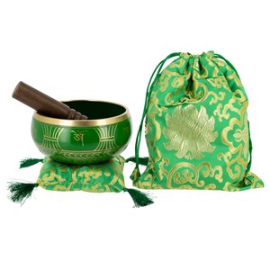 Bol tibétain avec symboles vert 13,5 cm