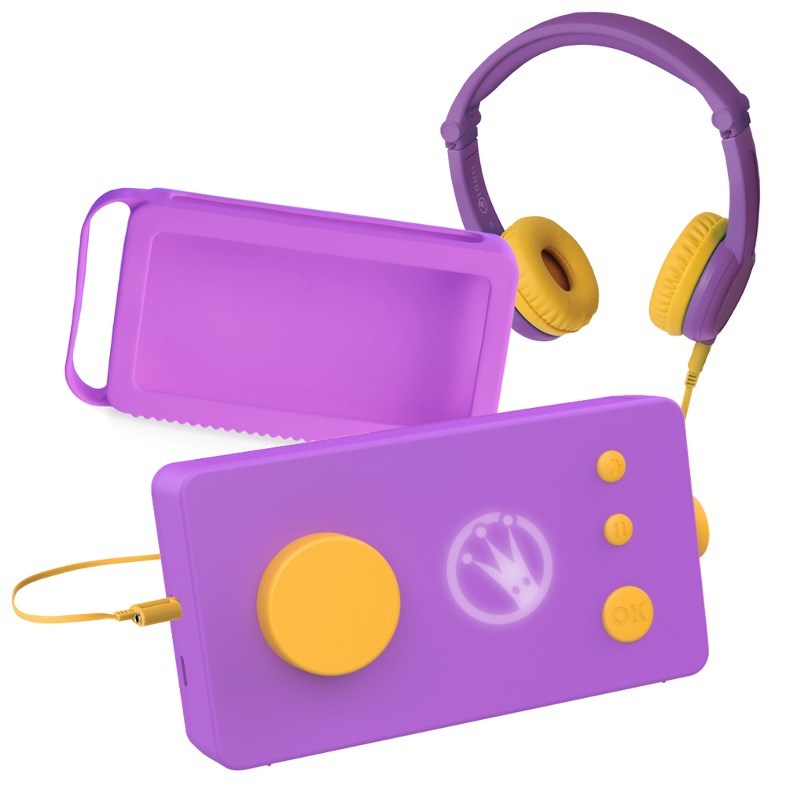 Lunii - ma fabrique à histoires violette avec son casque assorti violet et sa