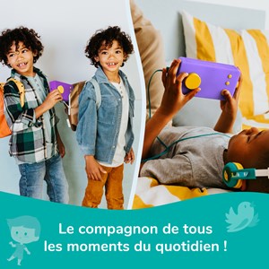 Lunii - ma fabrique à histoires violette avec son casque assorti violet et sa