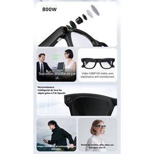 Lunettes connectées ai avec caméra 8mp & audio bluetooth