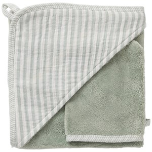 Cape de bain + gant éponge bambou et gaze rayé vert de gris