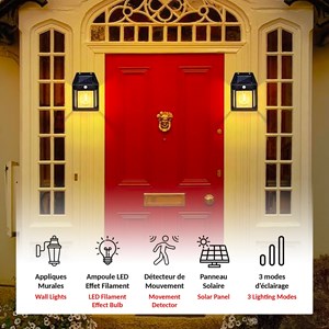 Lot 2 appliques solaires rétro, 17x12 cm, détecteur, 3 modes, abs