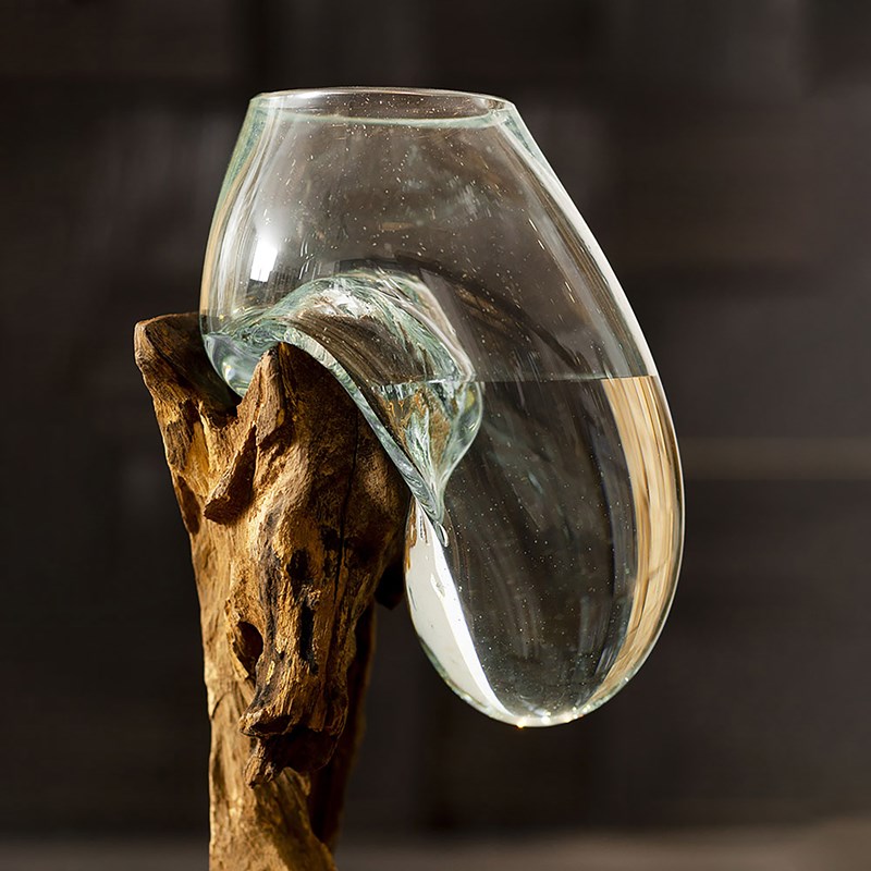 Wave - vase mural en verre soufflé et teck naturel - hauteur 25cm