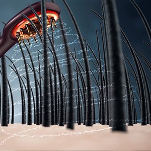 Peigne de soin capillaire avec 7 modes différents de lumière colorée.