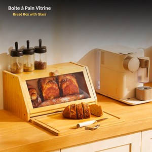 Fishtec boîte à pain en bambou - couvercle vitré transparent, planche à