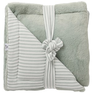 Couverture luxe fausse fourrure angora et gaze rayé vert de gris (70 x 100 cm)