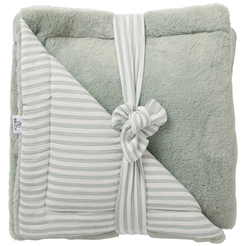 Couverture luxe fausse fourrure angora et gaze rayé vert de gris (70 x 100 cm)