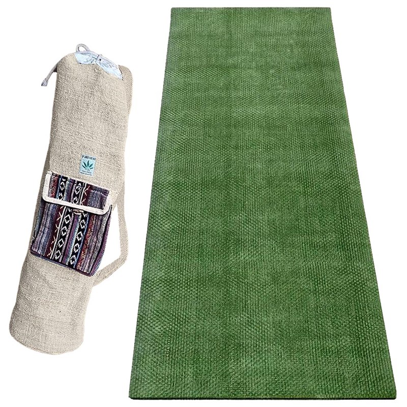 Pack tapis de yoga naturel jute vert 4mm + sac chanvre