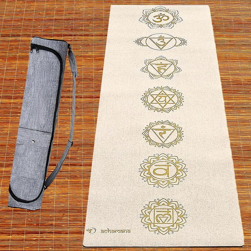 Achamana - Pack tapis yoga chanvre 7 chakras or + sac liège