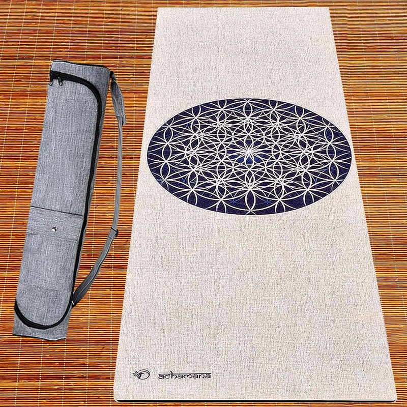 Pack tapis yoga chanvre fleur de vie bleue + sac liège