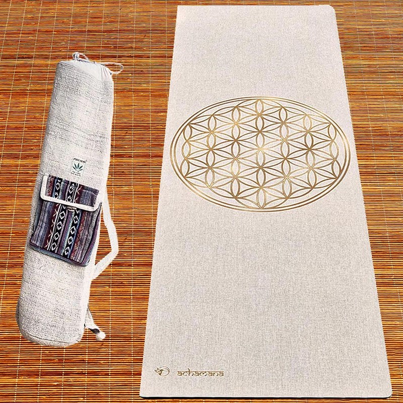 Pack tapis yoga chanvre fleur de vie or + sac chanvre