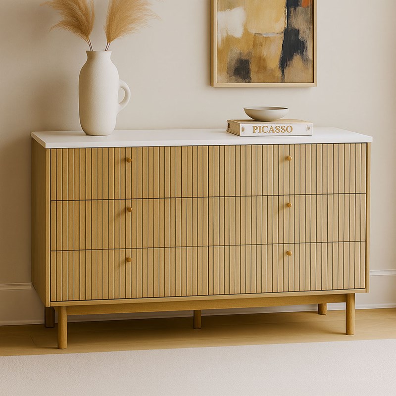 Brox buffet 6 tiroirs aspect bois rainuré et blanc 120cm